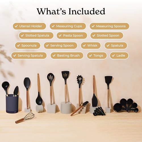 SMIRLY Kitchen Utensils Set – 22-Piece Silicone Cooking Utensils Set, Spatula Set with Holder, Wooden Handle Silicone Kitchen Gadgets for Nonstick Cookware