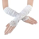 JISEN Women Fingerless Gathered and Beaded Fold Floral Embroidery Lace Sequins Satin Bridal Party Gloves 15 White