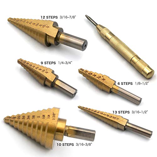Step Drill Bit Set with Automatic Center Punch- Titanium Coated, Double Cutting Blades, High Speed Steel, Short Length Drill Bits Set of 5 pcs, Total 50 Sizes with Aluminum Case, Multiple Hole Step