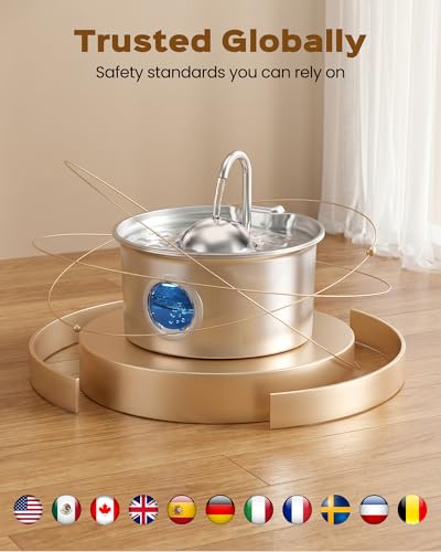 Stainless Steel Cat Fountain: Water Fountain for Cats – 2.6 L – Stainless Steel Cat Fountains – Ultra Quiet Dog Water Dispenser – Easy to Clean – with 8 Filters + 8 Sponges