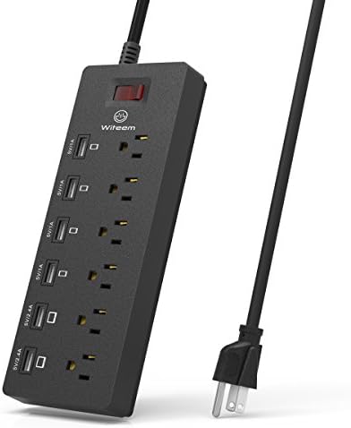 Witeem 6 AC Outlets Surge Protector Power Strip and 6 Smart USB Charging Ports with 6 Feet Extension Cord for Home, Hotel, Office - Black