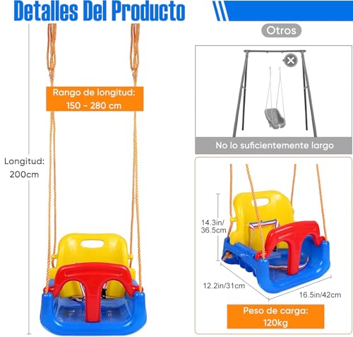 WEAGP Columpio 3 en 1 para Niños, Columpio para Niños con Cuerdas Altura Ajustables, Asiento Antivuelco, Columpio Desmontable para Niños para Patio de Juegos Interior y Exterior