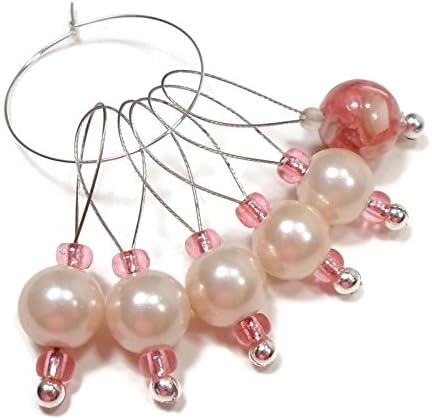 Handmade Beaded Stitch Markers for Knitting Glass Palest Pink Pearl