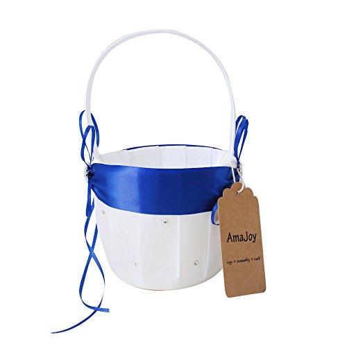 image for Amajoy 2pcs Wedding Set White Satin and Royal Blue Flower Girl Basket 