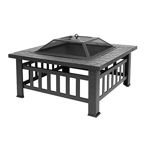 Lovinland Outdoor Fire Pit, Metal Patio Stove Square Table Fire Bowel Wood Burning Fireplace with Spark Screen,Poker,Grill