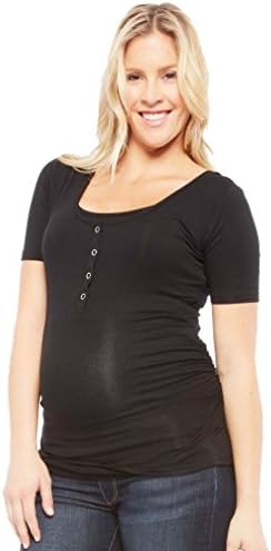NOM Maternity Snap Front Ruched Maternity Nursing Short Sleeve Tee - Black - Small