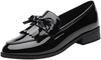Passionow Girl's Retro Fashion Cute Tassels Slip-on Tie Low Heel Boat Shoes Ballet PU Vamp Shoes (7 B(M)US,Black)