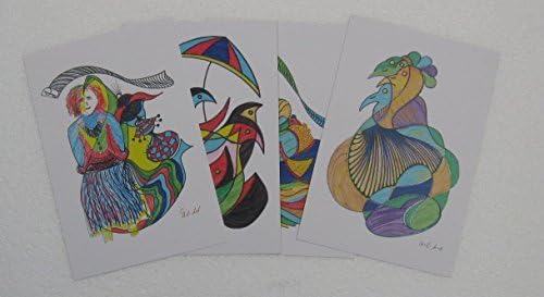 Set of 4 printed drawings in postcard size - birds in free style - pen with colors (set No. 2)