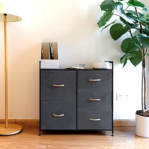 LadyRosian Non-woven Storage Cabinet - 5 Drawer Dressers Closet Dresser - BlackGrey Clothes Storage, Organization and Storage Bedroom - Storage Tower with Steel Frame & Wood Top