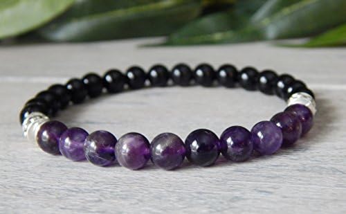 Amethyst Bracelet Mens Black and Purple Beaded Gemstone Jewelry Small Beads Comfortable Fit