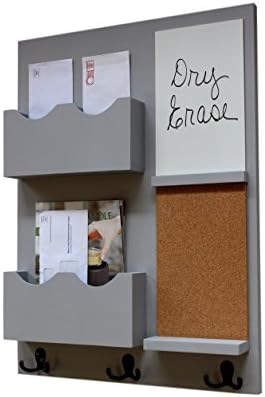 Legacy Studio Decor Mail Organizer Cork Board White Board Coat Hooks Key Hooks Double Mail Slots (Smooth, Gray)