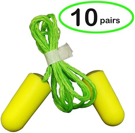 Corded Foam Earplugs,NNR 29 dB Decibels,Reusable Hearing Protection Noise Reducing(10 Pairs,Yellow Ear Plugs,Green String)