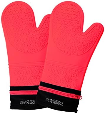 YOYUNG Detachable Silicone Oven Mitt - 1 Pair of Extra Long Professional Heat Resistant Potholder Gloves - Red