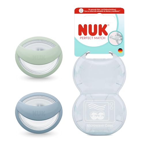 NUK Perfect Match Succhietto per Bambini | 0-6 mesi | Compatibile con l’allattamento al seno, succhietti ortodontici | Accettato dal 95% dei bambini** | Verde/Blu | Confezione da 2
