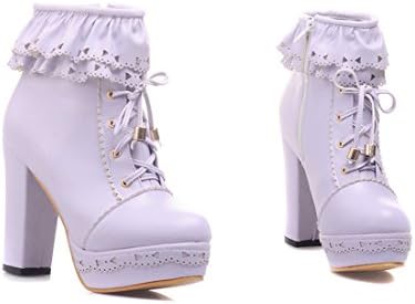 Mostrin Women's Lace Up Platform High Heel Ankle Boots Sweet Lolita Shoes PU Leather Ruffle Booties