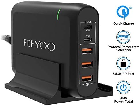 USB C Wall Charger, FEEYOO 96W 5-Port USB Type-C Desktop Charger with 60W/18W Power Delivery Port and Quick Charger 3.0 3 Port Compatible with MacBook Air 2018, iPad Pro 2018, iPhone Xs/XR/X and More