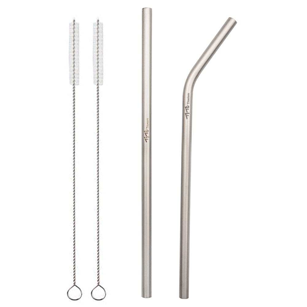 TiTo Titanium Straw Supper Strong and Ultralight Drinking Straw with Cleaning Brush Dia 7mm X 0.4mm with Bent and Straight Two Shape Titanium Alloy Straw (Pack of 2) (1 Straight & 1 Bent)
