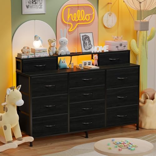 Tocador de dormitorio de 140 cm con toma de corriente, 12 cajones de tela de gran capacidad con 2 estantes, apto para armarios, salones y pasillos, tablero de madera, estructura metálica (negra).