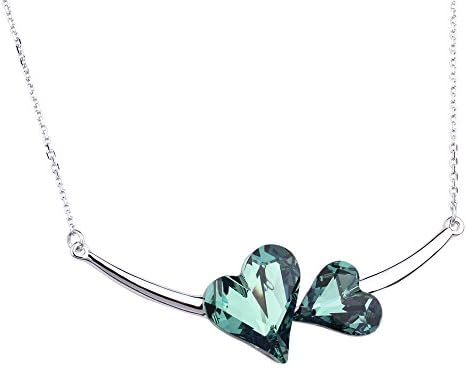 Elegant Double Love Heart Women Swarovski Crystals Pendent Silver Plated Adjustable Necklace Gift for Her (Green)