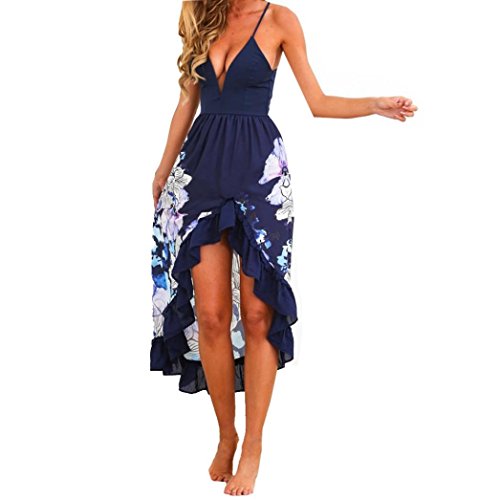 Wensltd Women Summer Boho Cocktail Party Long Maxi Dress Beach Sundress (Blue, L) - Thumbnail 4