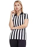 FitsT4 Women's Black & White Stripe Referee Shirt,Zipper Referee Jersey Short Sleeve Ref Tee Shirt for Refs, Waitresses & Costume