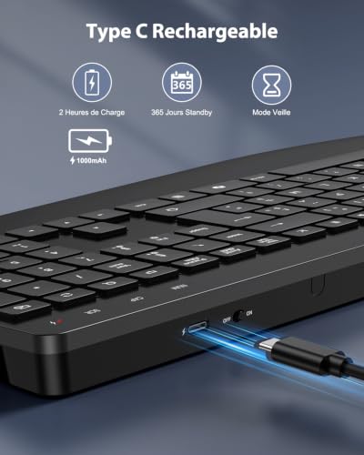 TECURS Clavier sans Fil 2,4 GHz AZERTY Français avec Repose-Poignet, Noir | Rétroéclairage 7 Couleurs, Rechargeable, Ergonomique, Récepteur 2-en-1 USB-A et Type-C, Silencieux, pour Windows PC, Bureau
