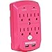 Surge Protector, Electronics Charging Station, 6 Outlet 2 USB Port Wall Adapter with Safety Indicator Lights -Pink- by Office + Style