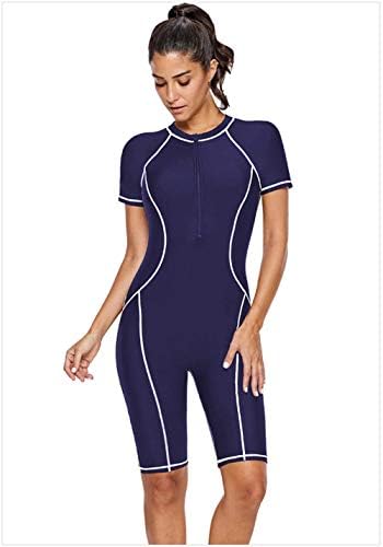 UR MAX BEAUTY Women's One-Piece Athletics Rashguard Swimsuit, Striped Print Short Sleeve Knee Length Boyleg Surf Suit Swimming Kayaking,Blue1,S