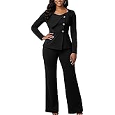 HWP Womens Pant Suit Dressy 2 Piece Business Casual Outfits Long Sleeve Blazer Jacket Wide Leg Pants Set