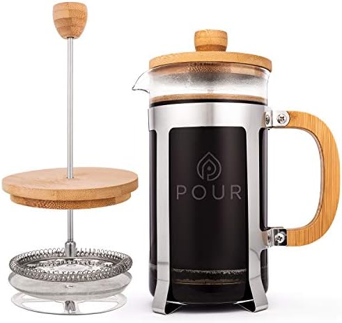 French Press Coffee Maker by Pour, Thick Borosilicate Glass, Bamboo Lid, and Stainless Steel Filter, Eco-Friendly Coffee Brewing - Dishwasher Safe - for Grounds and Loose Tea 36oz./1000M
