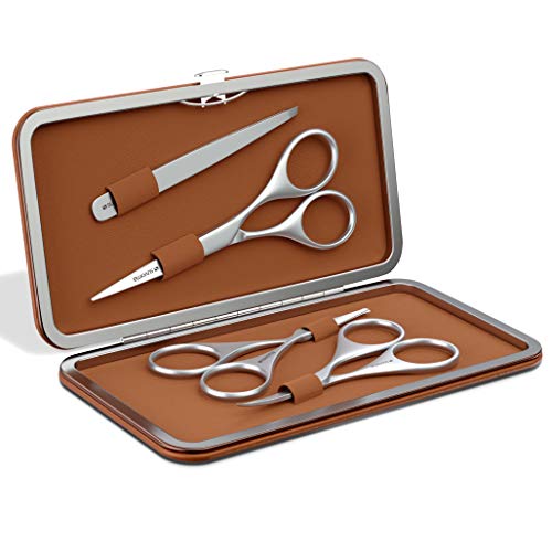 Suvorna Moustache and Beard kit with Beard Scissors, Moustache Shear, Nose Shears, Eyebrow Scissors and Tweezers for Facial Hair | Hair Dresser Scissor and Hair Cutting Scissor. (Brown)