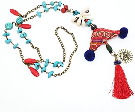 UNIQUE: BOHEMIAN HANDMADE TURQUOISE - TRIBAL FABRIC - RED CORAL - COWRIE SHELL - TASSEL PENDANT LONG NECKLACE