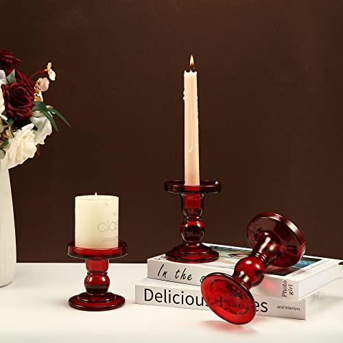 GMWD 3 Pcs Red Glass Candle Holder Set Clear, Christmas Candlesticks Holders Pillar Taper Candles Tealight Stand for Wedding Centerpieces Home Decorations Dining Table