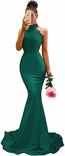 Women's Halter Mermaid Appliques Lace Long Bridesmaid Dresses Formal Party Gown for Weddings