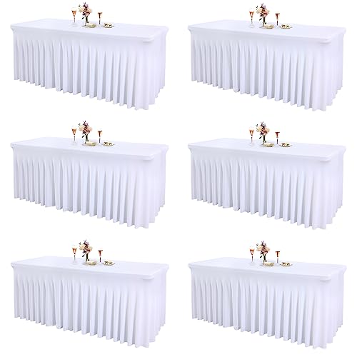 6 Packs White Table Clothes for 6 Foot Rectangle Tables, One-Piece Wrinkle Resistant Stretch Spandex Table Covers with Skirt for Event Banquet Wedding Birthday Party