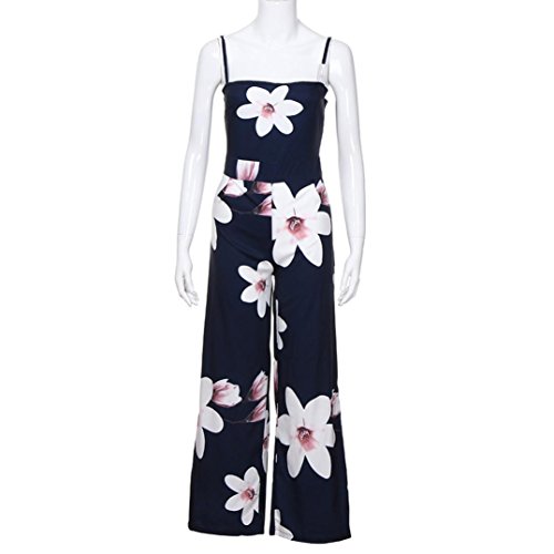 Minisoya Women Backless Floral Clubwear Playsuit Casual Bodycon Party Wide Leg Jumpsuit Romper Long Pants Trousers (Navy, M)