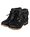 Refresh Women Leatherette Sweater Knit Fold Down Fur Trim Combat Bootie BH47 - Black Leatherette (Size: 10)
