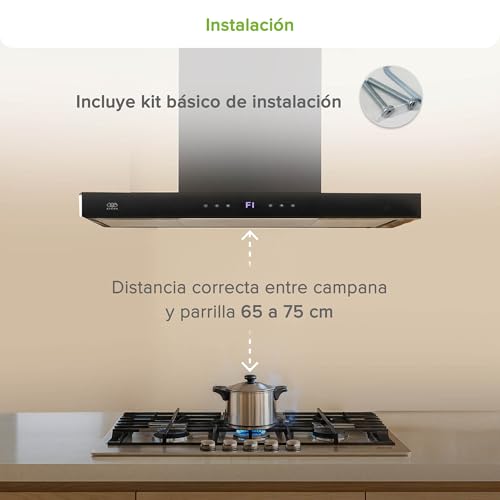 AVERA Campana para cocina de Isla 90 cm Tipo T, Acero Inoxidable, 3 Velocidades, Filtros metálico lavable y Filtro de carbón activado, Extrae y purifica, Control por botones | CEN90B