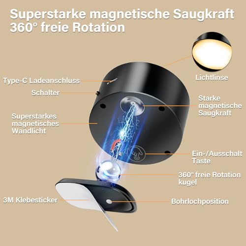 Wandleuchte Ohne Stromanschluss, Akku Wandleuchte mit Fernbedienung 10 Helligkeitsstufen & 3 Farbmodi, LED Wandleuchte Kabellos 360° Drehbar, Akku Wandleuchte Innen Magnetisch,USB Wandlampe 2 Stück