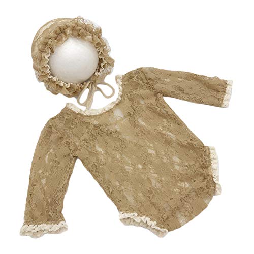 Baby Photography Props Lace Hats Rompers Newborn Girl Photo Shoot Outfits Hat Set Infant Princess Costume (Khaki)