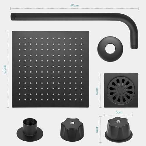 Regadera Cuadrada Negra de 30 cm, Regaderas para Baño Cuadrada con Tubo 40 cm Alta Presion, Resumidero Cuadrado(10 x 10 cm) y Manerales en Negro Mate