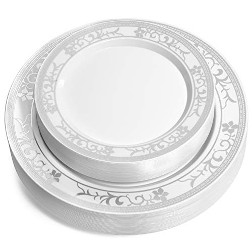 125 Piece Silver Rim Flower Design Dinnerware Set - 25 Guest Tableware Combo Set - Disposable or Reusable - 25 Dinner Plates - 25 Salad Plates or Dessert Plates - 25 Knives - 25 Forks - 25 Spoons - Thumbnail 3