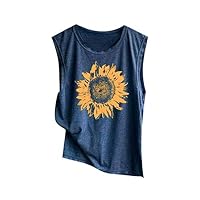 Toimothcn Women Sleeveless Sunflowe Print T Shirt Casual Loose Vest Tank Top Soft Comfortable(Navy,L)