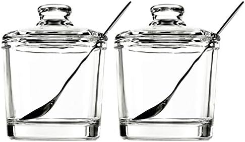 DoDola Clear Glass Sugar Bowl Spice Jar with Lid and Spoon Seasoning Box Condiment Pots 6 Ounces Set of 2