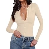 INFITTY Women Bodysuit Sexy Deep V Neck Button Down Long Sleeve Top 2026 Trendy Thong Body Suits Outfits for Going Out