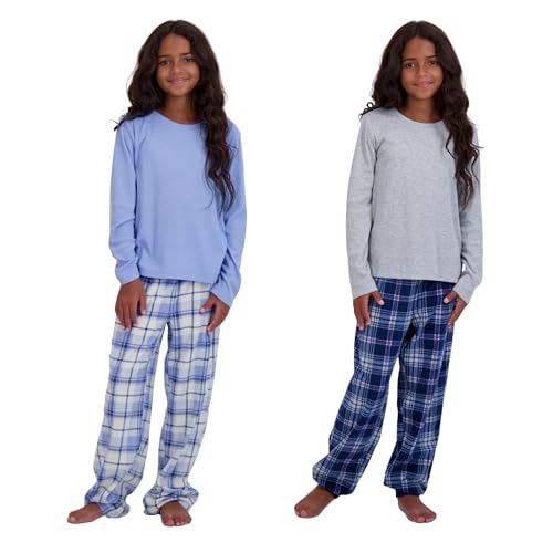 US Angels Girl's Pajama Sets, 4-Piece Pajamas for Girls - Long Sleeve Shirt, Plaid Microfleece Pants