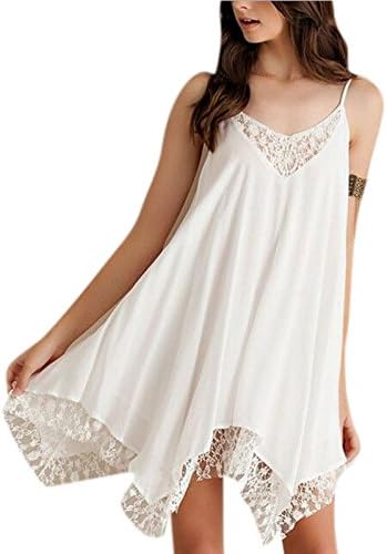 Lusiisss Women's Sexy White Sleepwear Lace Irregular Hem Night Gown Mini Dress White M ,/US(2-4)