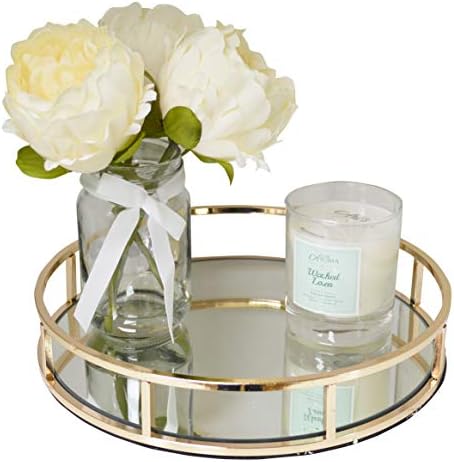 Decorative Gold Metal Round Dressing Table Tray With Mirror Glass Base (AR15 Gold)