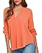 Face N Face Women's Summer V Neck Solid Loose Casual Cuffed Long Sleeve Blouses Large Orange