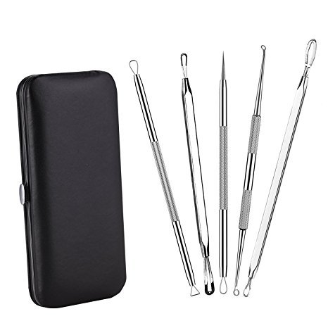 SUPRENT Professional Blackhead Remover Kit, Comedone Removal with Leather Case, 5 Surgical Pimple Extractor, Best Treatment for Acne, Pimple, Blemish, Whitehead, Zit on Nose, Face, Body